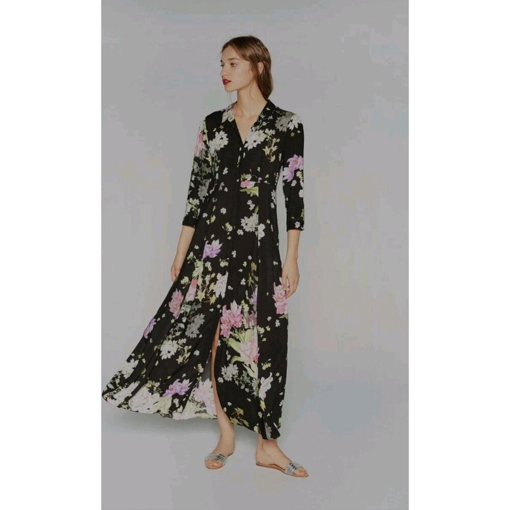 Zara Black Floral Maxi Dress 3/4 Sleeves Worn On TV Small